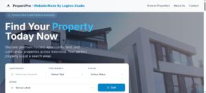Halaman utama website katalog properti dengan formulir pencarian berdasarkan lokasi