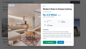 Halaman detail properti dengan harga, lokasi, deskripsi, dan tombol WhatsApp
