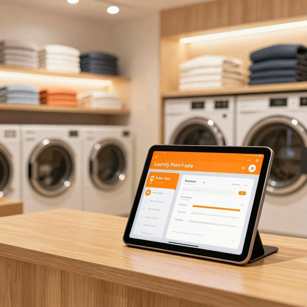 Tampilan aplikasi laundry online dan kasir pada desktop, tablet, dan smartphone